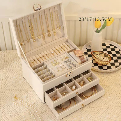 White Large Lockable Jewellery Box with 3 Drawers PU Leather Jewellery Organiser Case for Rings Earrings Necklaces Watches and Bracelets