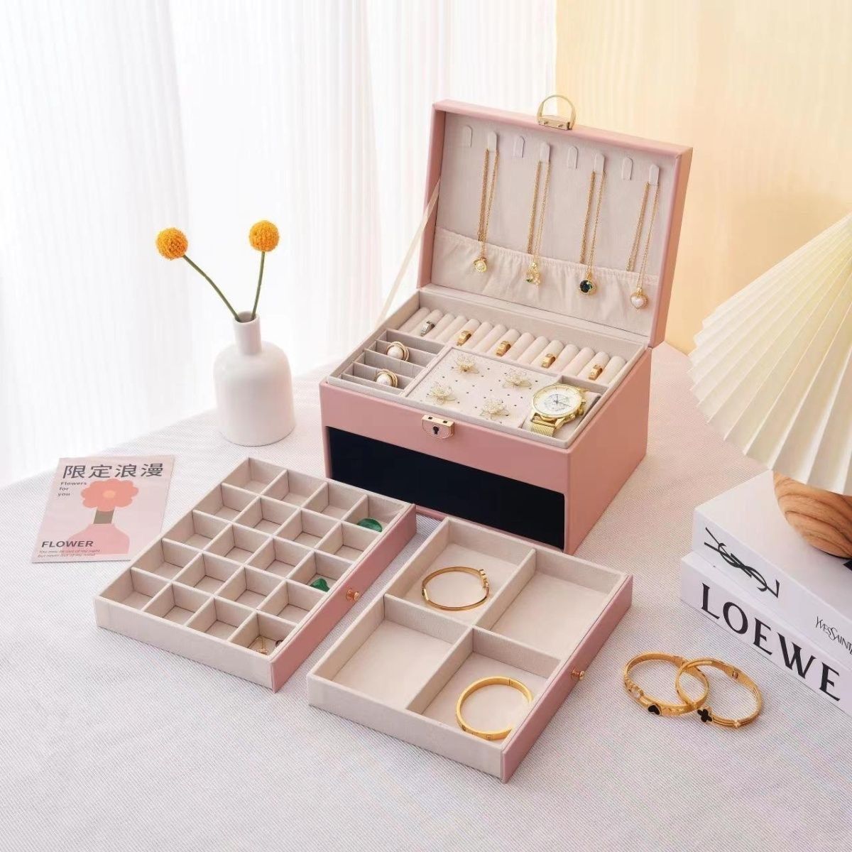 Pink Large Lockable Jewellery Box with 3 Drawers PU Leather Jewellery Organiser Case for Rings Earrings Necklaces Watches and Bracelets