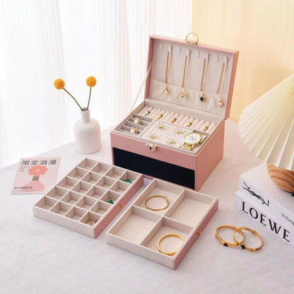 Pink Large Lockable Jewellery Box with 3 Drawers PU Leather Jewellery Organiser Case for Rings Earrings Necklaces Watches and Bracelets
