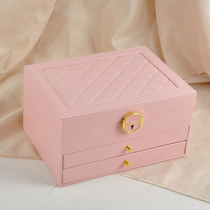 Pink Large Lockable Jewellery Box with 3 Drawers PU Leather Jewellery Organiser Case for Rings Earrings Necklaces Watches and Bracelets