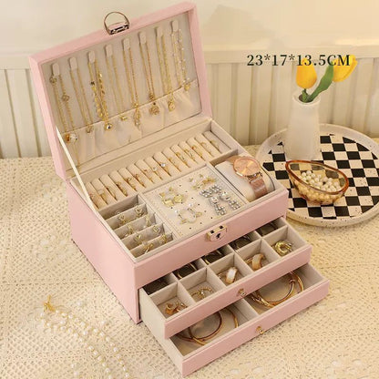 Pink Large Lockable Jewellery Box with 3 Drawers PU Leather Jewellery Organiser Case for Rings Earrings Necklaces Watches and Bracelets