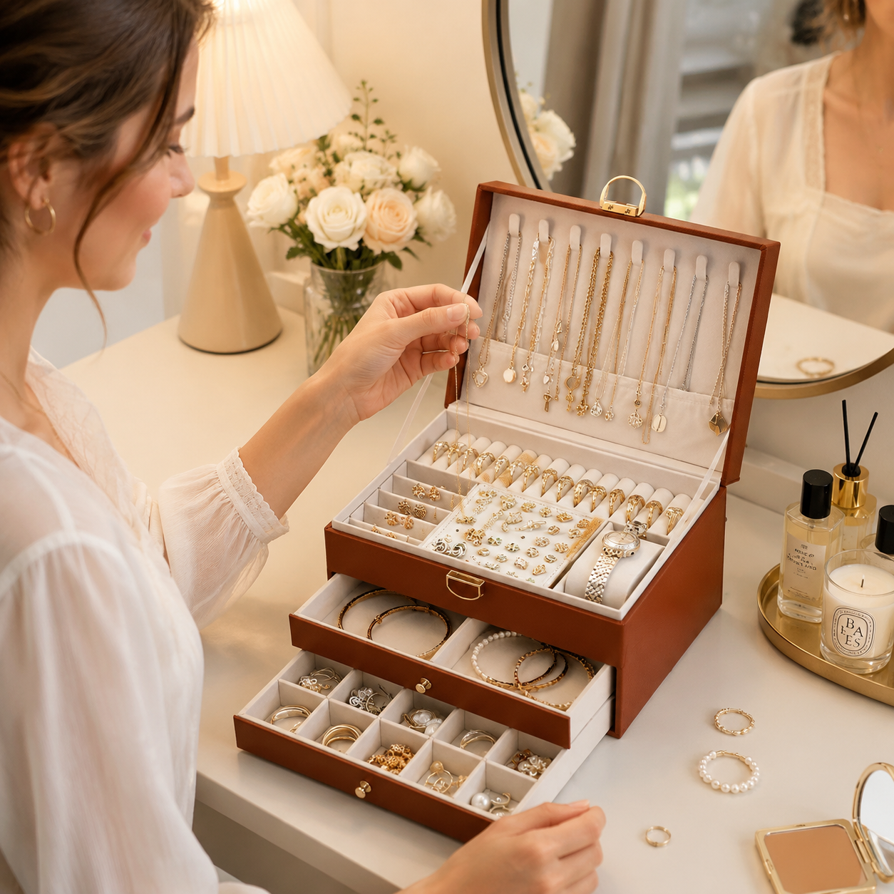 Brown Large Lockable Jewellery Box with 3 Drawers PU Leather Jewellery Organiser Case for Rings Earrings Necklaces Watches and Bracelets