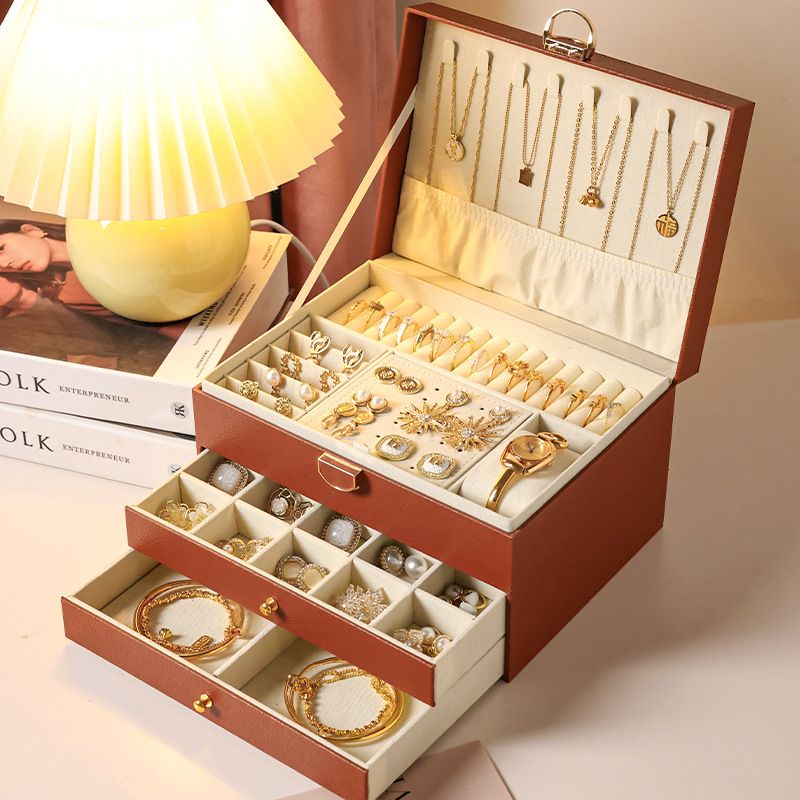 Brown Large Lockable Jewellery Box with 3 Drawers PU Leather Jewellery Organiser Case for Rings Earrings Necklaces Watches and Bracelets