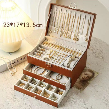 Brown Large Lockable Jewellery Box with 3 Drawers PU Leather Jewellery Organiser Case for Rings Earrings Necklaces Watches and Bracelets