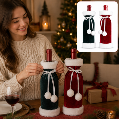 2 Pack (Red+Green) Christmas Velvet Wine Bottle Covers with Faux Fur Trim Reusable Wine Bottle Gift Bags for Holiday Table Decor and Christmas Party Decorations