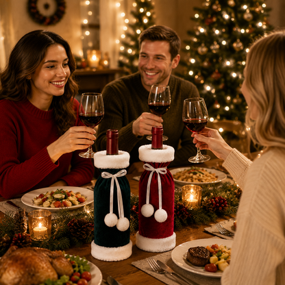 2 Pack (Red+Green) Christmas Velvet Wine Bottle Covers with Faux Fur Trim Reusable Wine Bottle Gift Bags for Holiday Table Decor and Christmas Party Decorations