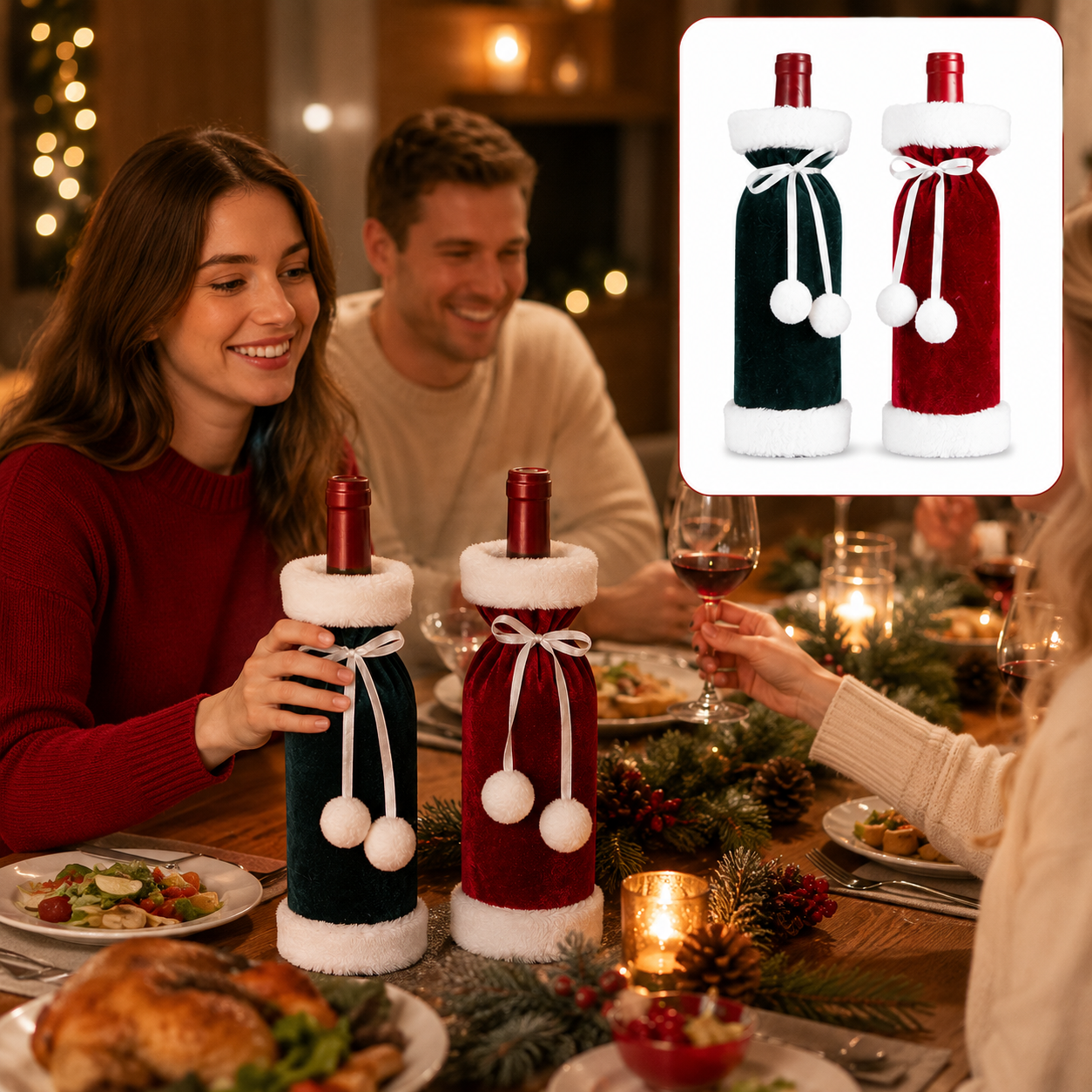 2 Pack (Red+Green) Christmas Velvet Wine Bottle Covers with Faux Fur Trim Reusable Wine Bottle Gift Bags for Holiday Table Decor and Christmas Party Decorations
