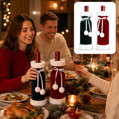 2 Pack (Red+Green) Christmas Velvet Wine Bottle Covers with Faux Fur Trim Reusable Wine Bottle Gift Bags for Holiday Table Decor and Christmas Party Decorations