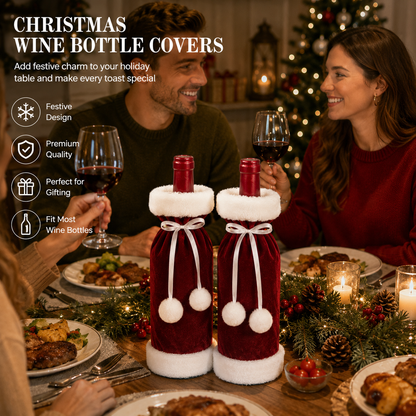 2 Pack Red Christmas Velvet Wine Bottle Covers with Faux Fur Trim Reusable Wine Bottle Gift Bags for Holiday Table Decor and Christmas Party Decorations