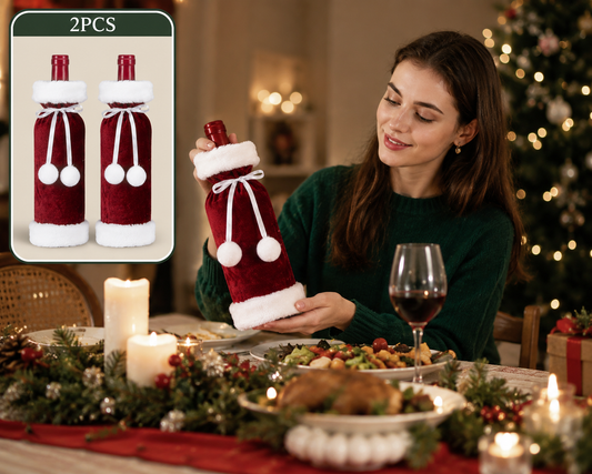 2 Pack Red Christmas Velvet Wine Bottle Covers with Faux Fur Trim Reusable Wine Bottle Gift Bags for Holiday Table Decor and Christmas Party Decorations