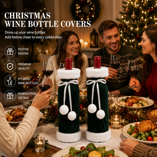 2 Pack Green Christmas Velvet Wine Bottle Covers with Faux Fur Trim Reusable Wine Bottle Gift Bags for Holiday Table Decor and Christmas Party Decorations