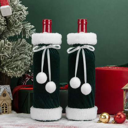 2 Pack Green Christmas Velvet Wine Bottle Covers with Faux Fur Trim Reusable Wine Bottle Gift Bags for Holiday Table Decor and Christmas Party Decorations