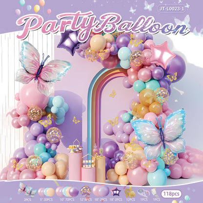 118pcs Birthday Party Balloon Kit, Pastel & Pink Themed Balloon Arch, Butterfly Decorations for Event & Celebration