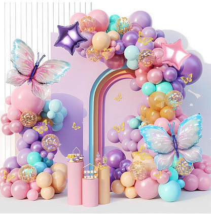 118pcs Birthday Party Balloon Kit, Pastel & Pink Themed Balloon Arch, Butterfly Decorations for Event & Celebration