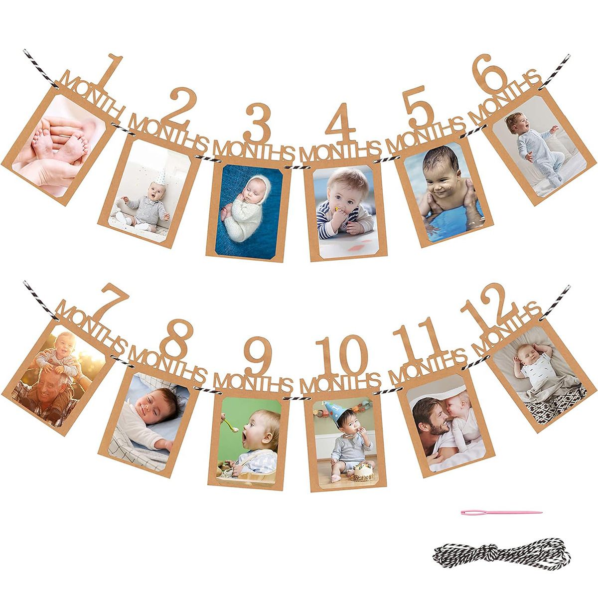 Baby Monthly Photo Banner Milestone Garland, 1-12 Months First Birthday Photo Display Banner, Baby Growth Photo Hanging Decoration
