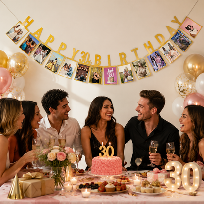 30th Birthday Photo Banner Garland, Gold Happy Birthday Photo Display Banner, DIY Party Backdrop Decoration