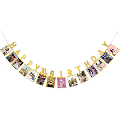 30th Birthday Photo Banner Garland, Gold Happy Birthday Photo Display Banner, DIY Party Backdrop Decoration