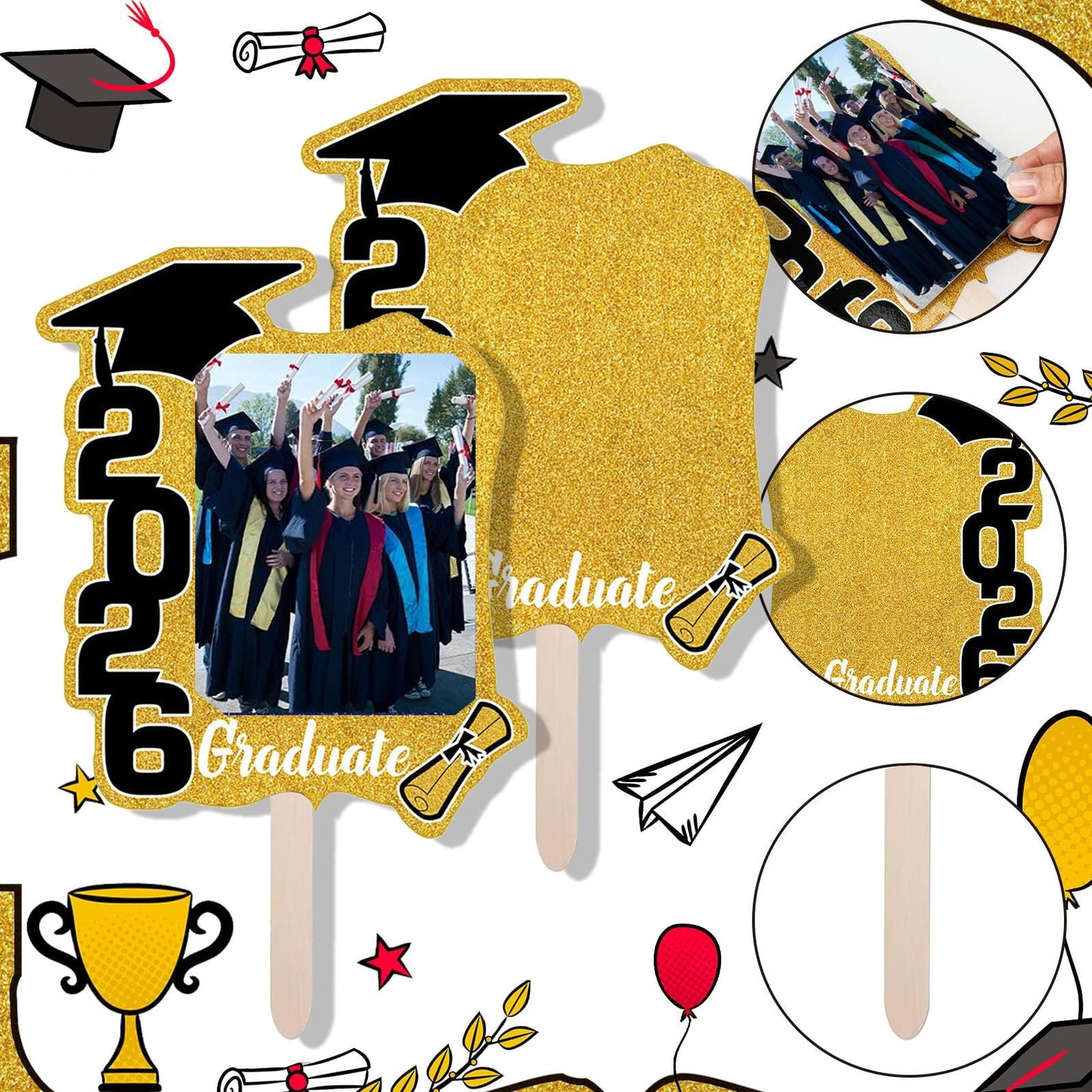 Graduate Photo Frame Fan Prop for Graduation Party (12pcs Gold), Personalized 4x6 Inch Photo Holder, Senior Photo Party Decor