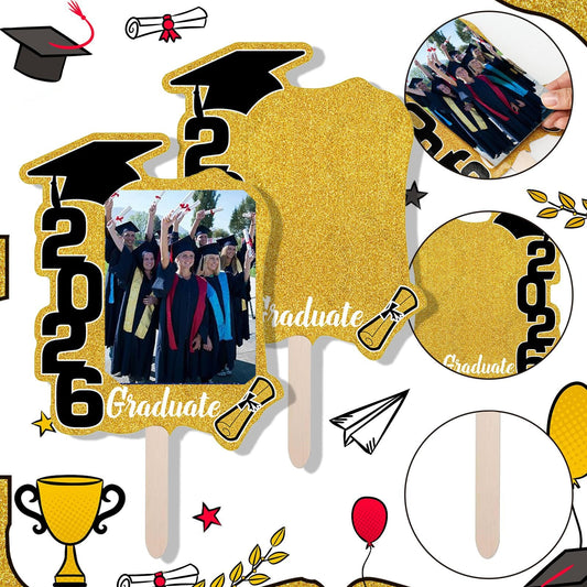 Graduate Photo Frame Fan Prop for Graduation Party (12pcs Gold), Personalized 4x6 Inch Photo Holder, Senior Photo Party Decor