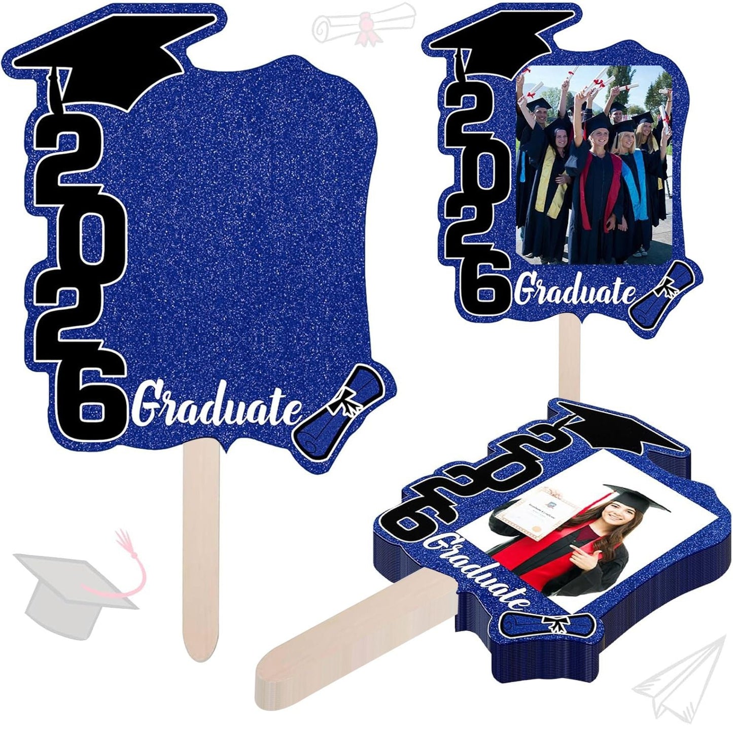 Graduate Photo Frame Fan Prop for Graduation Party (12pcs Blue), Personalized 4x6 Inch Photo Holder, Senior Photo Party Decor