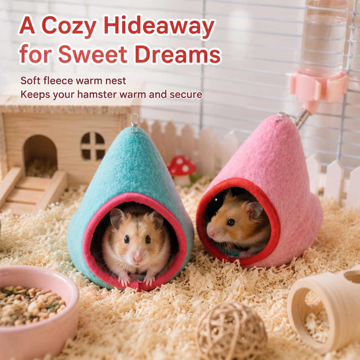 2-Pack (Pink+Blue) Hanging Hamster Cozy Nest Warm Fleece Bed for Winter Small Pet Sleep Hideaway