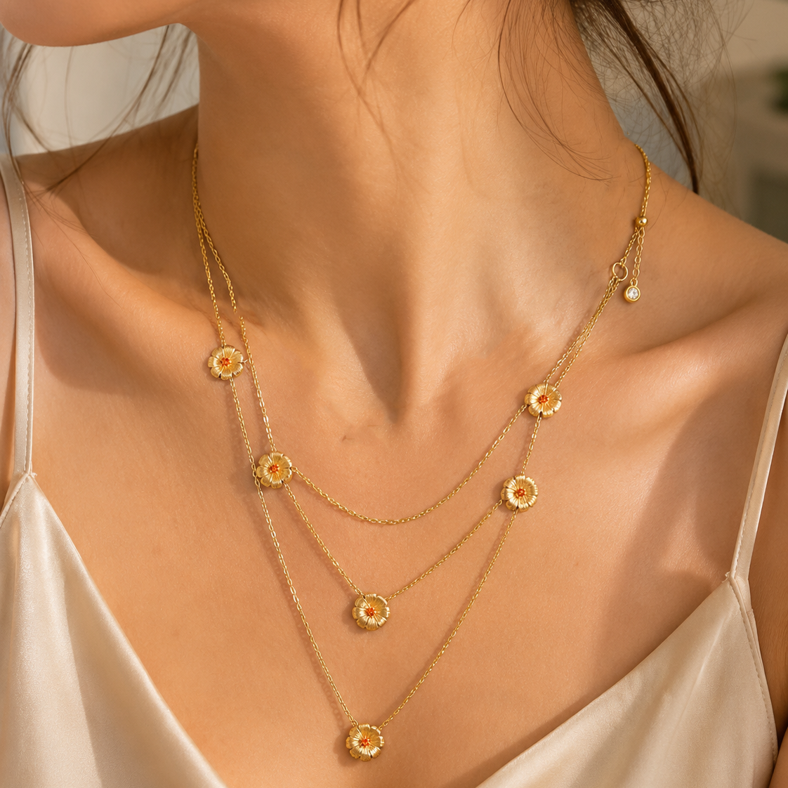 Gold Daisy Layered Necklace for Women Multi Strand Floral Pendant Collarbone Chain Jewellery Elegant Summer Statement Necklace Gift Ready Fashion Accessory