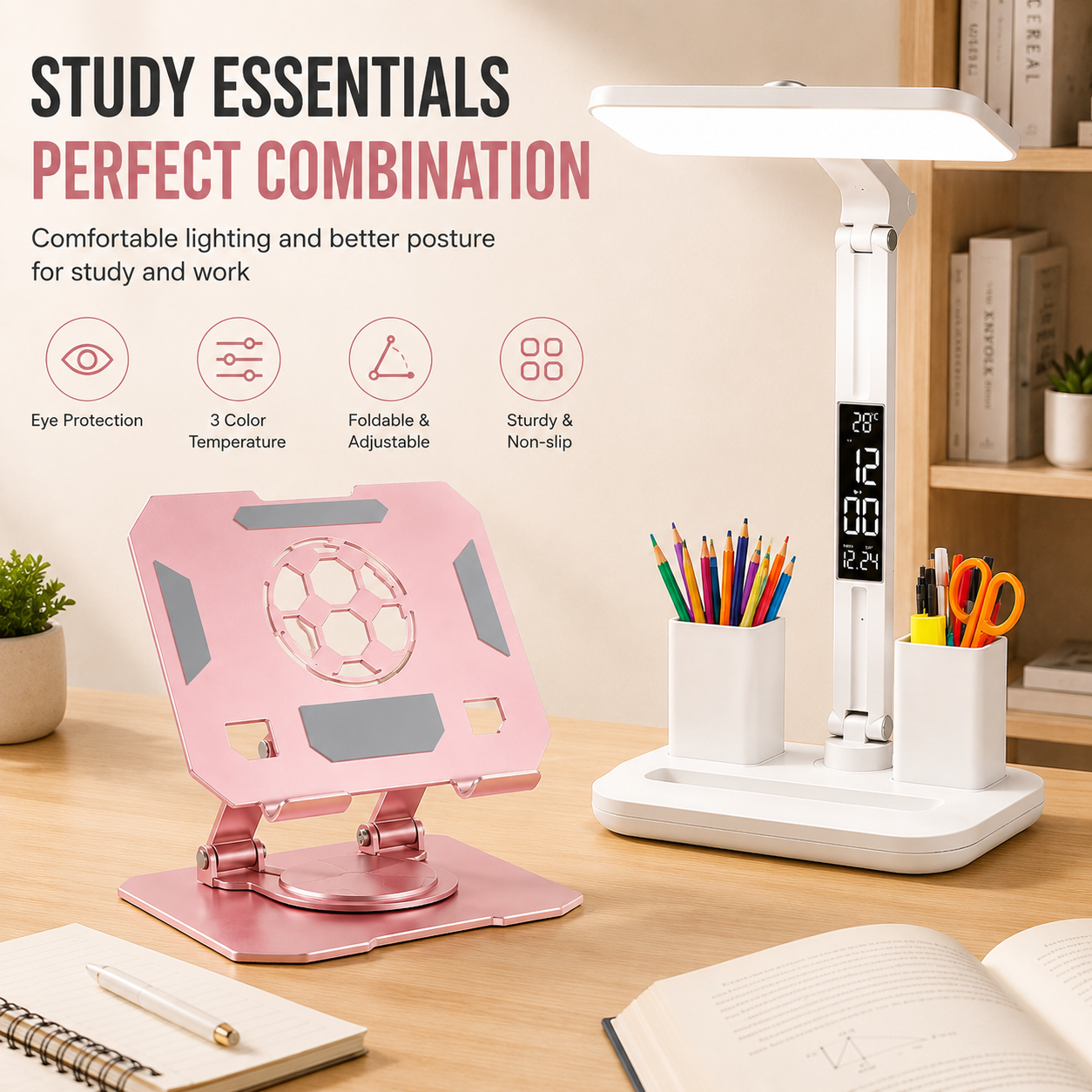 Pink 360 Degree Rotating Tablet Stand and Foldable LED Desk Lamp Study Set Adjustable Reading Light with Display Screen Desktop Organiser for Students Home Office Learning