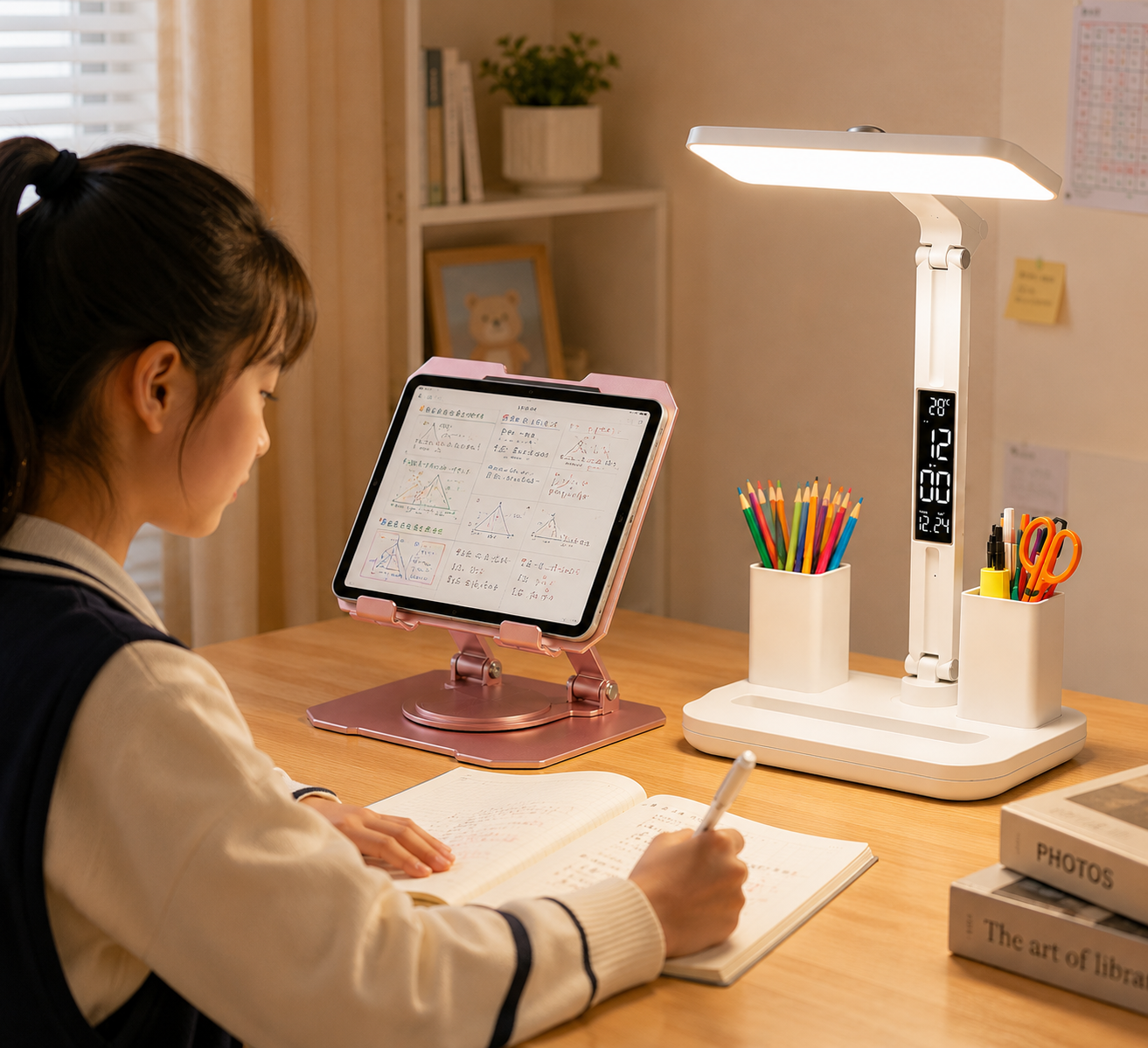 Pink 360 Degree Rotating Tablet Stand and Foldable LED Desk Lamp Study Set Adjustable Reading Light with Display Screen Desktop Organiser for Students Home Office Learning