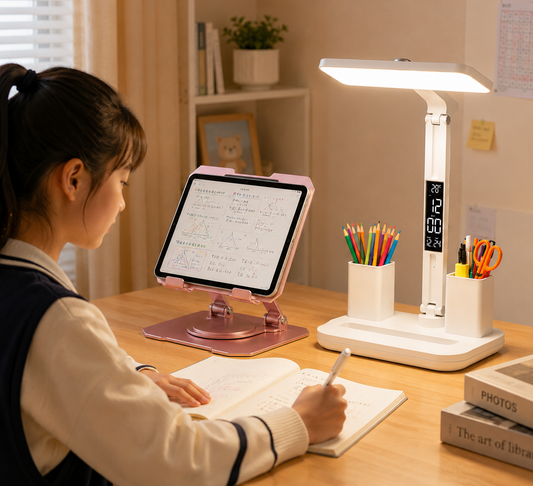 Pink 360 Degree Rotating Tablet Stand and Foldable LED Desk Lamp Study Set Adjustable Reading Light with Display Screen Desktop Organiser for Students Home Office Learning