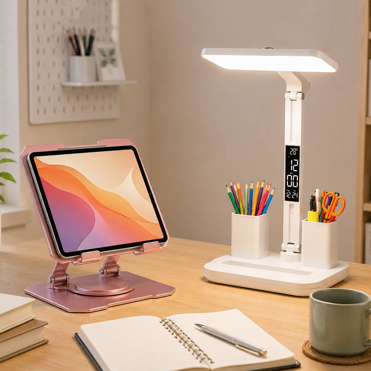 Pink 360 Degree Rotating Tablet Stand and Foldable LED Desk Lamp Study Set Adjustable Reading Light with Display Screen Desktop Organiser for Students Home Office Learning