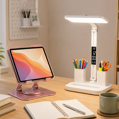 Pink 360 Degree Rotating Tablet Stand and Foldable LED Desk Lamp Study Set Adjustable Reading Light with Display Screen Desktop Organiser for Students Home Office Learning