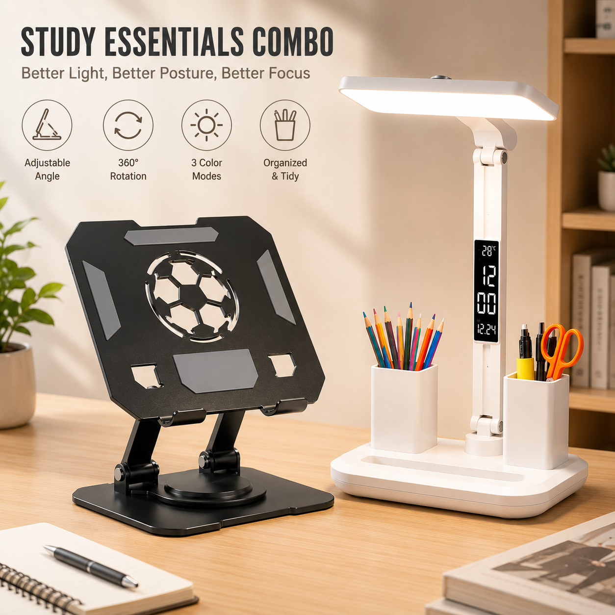 Black 360 Degree Rotating Tablet Stand and Foldable LED Desk Lamp Study Set Adjustable Reading Light with Display Screen Desktop Organiser for Students Home Office Learning