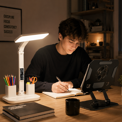 Black 360 Degree Rotating Tablet Stand and Foldable LED Desk Lamp Study Set Adjustable Reading Light with Display Screen Desktop Organiser for Students Home Office Learning