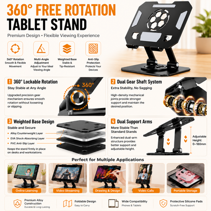 Black 360 Degree Rotating Tablet Stand and Foldable LED Desk Lamp Study Set Adjustable Reading Light with Display Screen Desktop Organiser for Students Home Office Learning