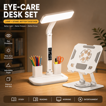 White 360 Degree Rotating Tablet Stand and Foldable LED Desk Lamp Study Set Adjustable Reading Light with Display Screen Desktop Organiser for Students Home Office Learning