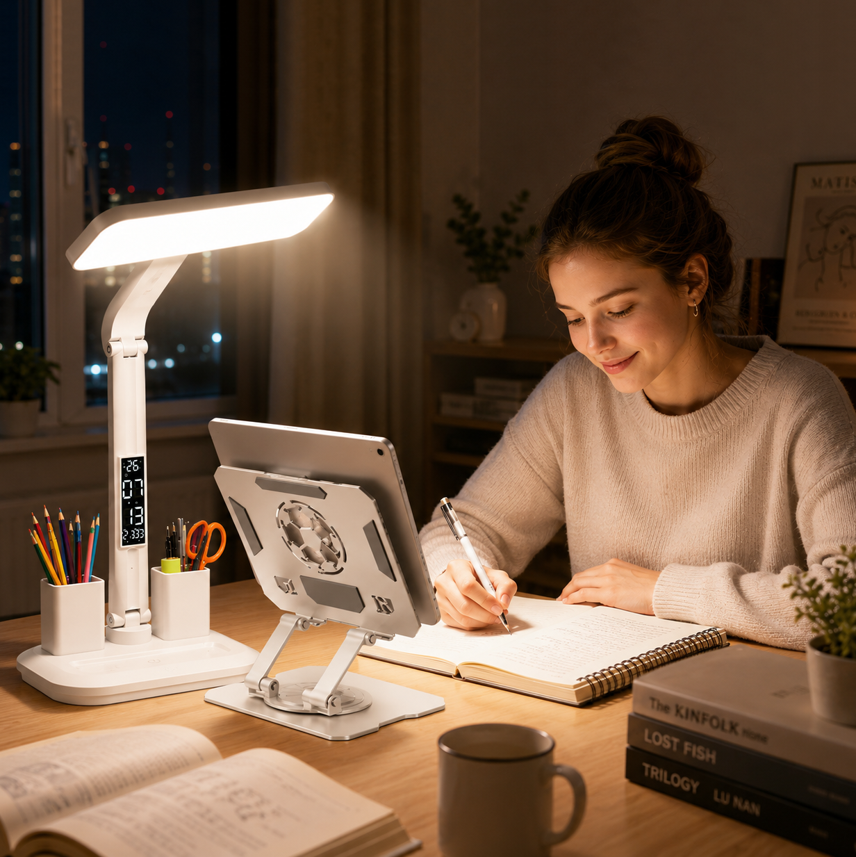 White 360 Degree Rotating Tablet Stand and Foldable LED Desk Lamp Study Set Adjustable Reading Light with Display Screen Desktop Organiser for Students Home Office Learning