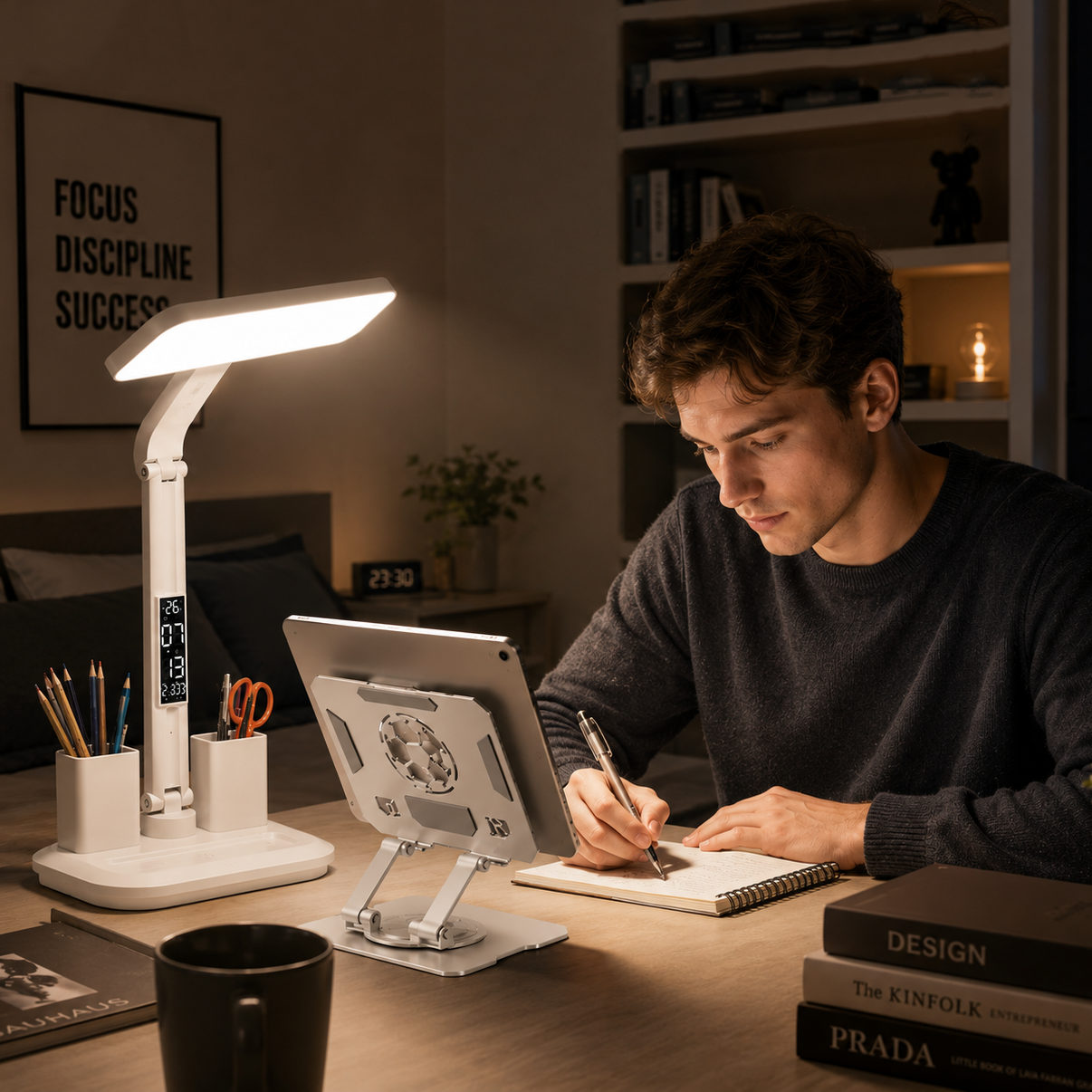 White 360 Degree Rotating Tablet Stand and Foldable LED Desk Lamp Study Set Adjustable Reading Light with Display Screen Desktop Organiser for Students Home Office Learning