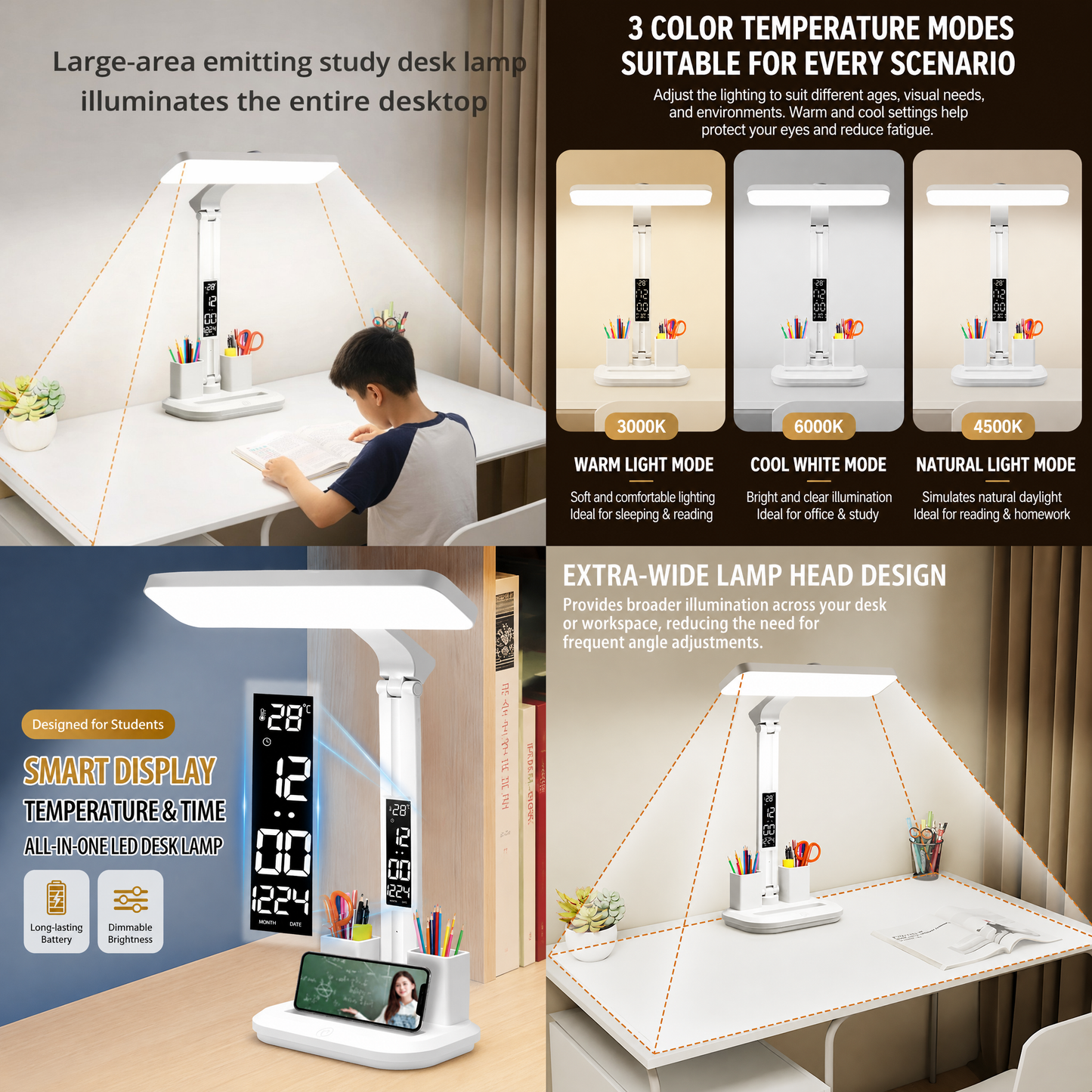 White 360 Degree Rotating Tablet Stand and Foldable LED Desk Lamp Study Set Adjustable Reading Light with Display Screen Desktop Organiser for Students Home Office Learning