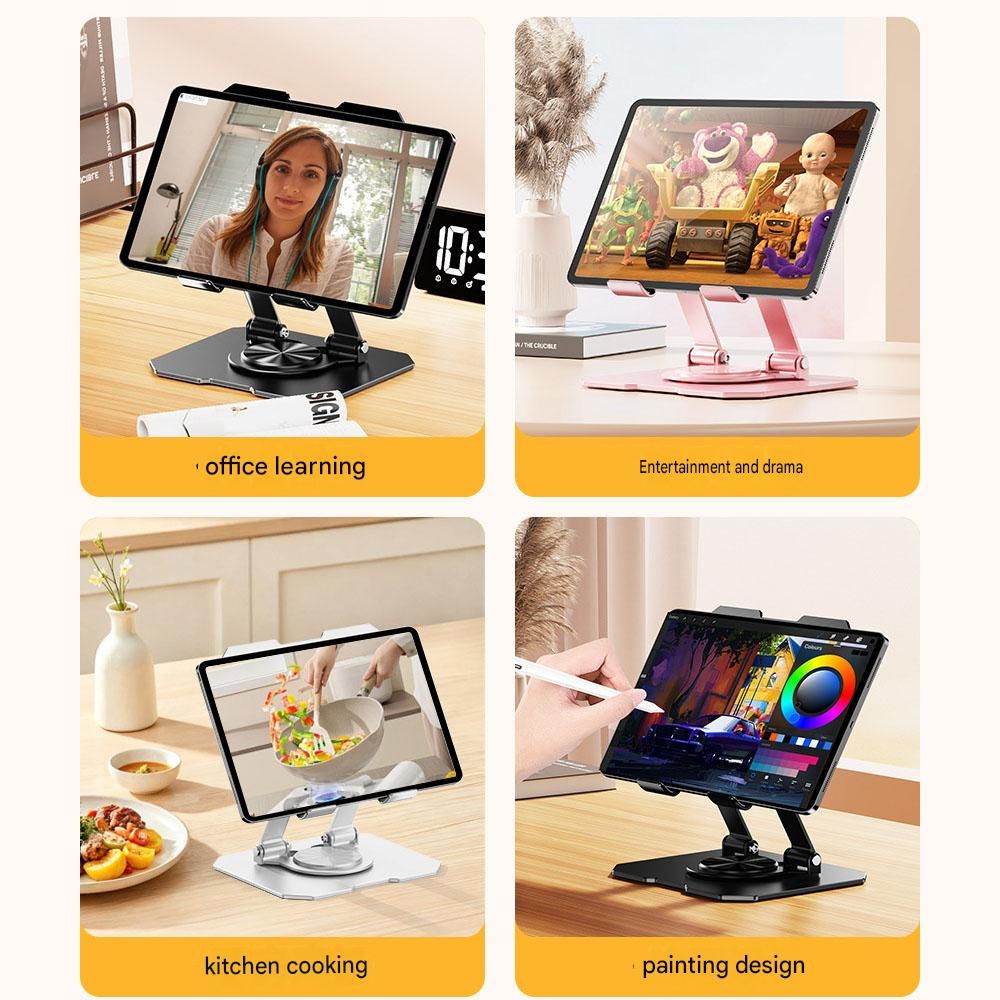 Black 360 Degree Rotating Tablet and Phone Stand Adjustable Desktop Holder Foldable Aluminium Alloy Device Stand for Video Calls Streaming Study and Office Us