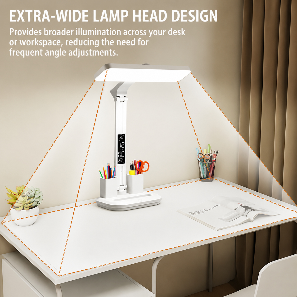 LED Desk Lamp with Digital Clock Temperature Display Pen Holder and Phone Stand Foldable Eye Caring Study Reading Light for Students Home Office