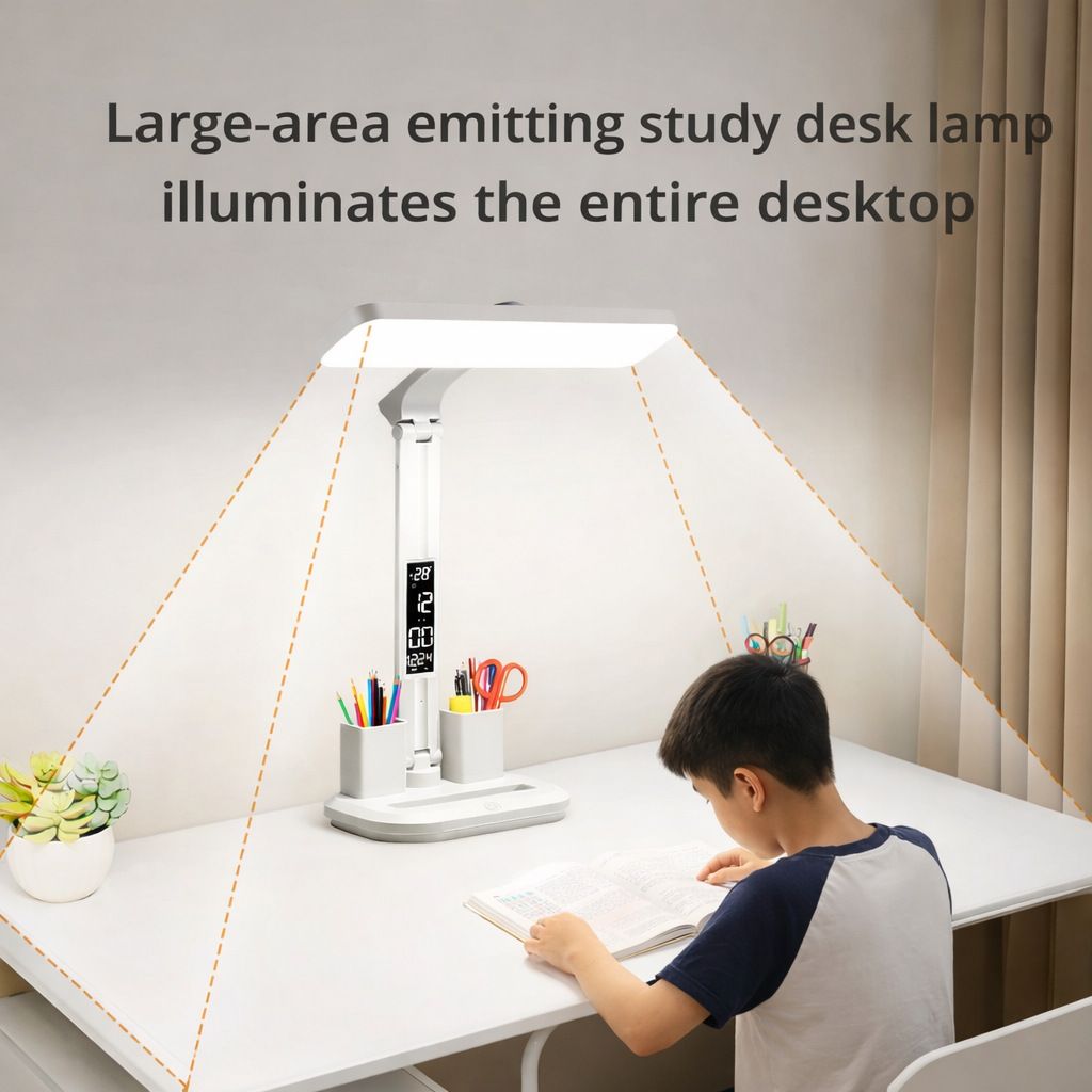 LED Desk Lamp with Digital Clock Temperature Display Pen Holder and Phone Stand Foldable Eye Caring Study Reading Light for Students Home Office