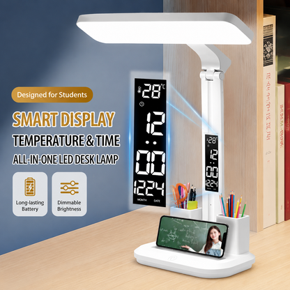LED Desk Lamp with Digital Clock Temperature Display Pen Holder and Phone Stand Foldable Eye Caring Study Reading Light for Students Home Office