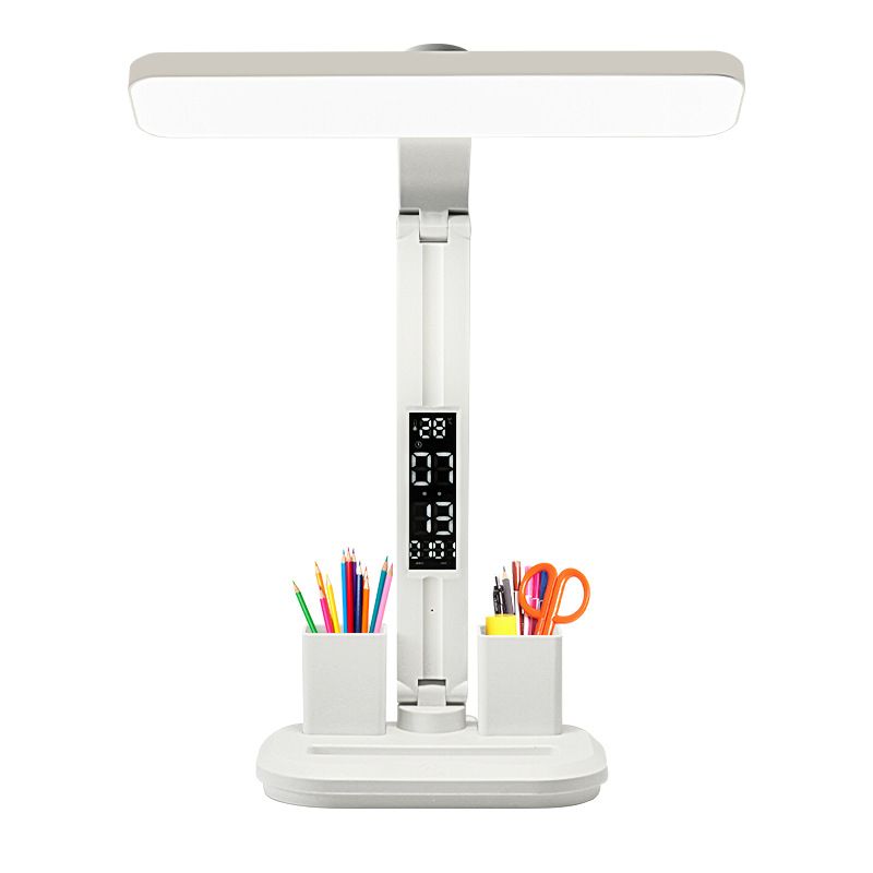 LED Desk Lamp with Digital Clock Temperature Display Pen Holder and Phone Stand Foldable Eye Caring Study Reading Light for Students Home Office