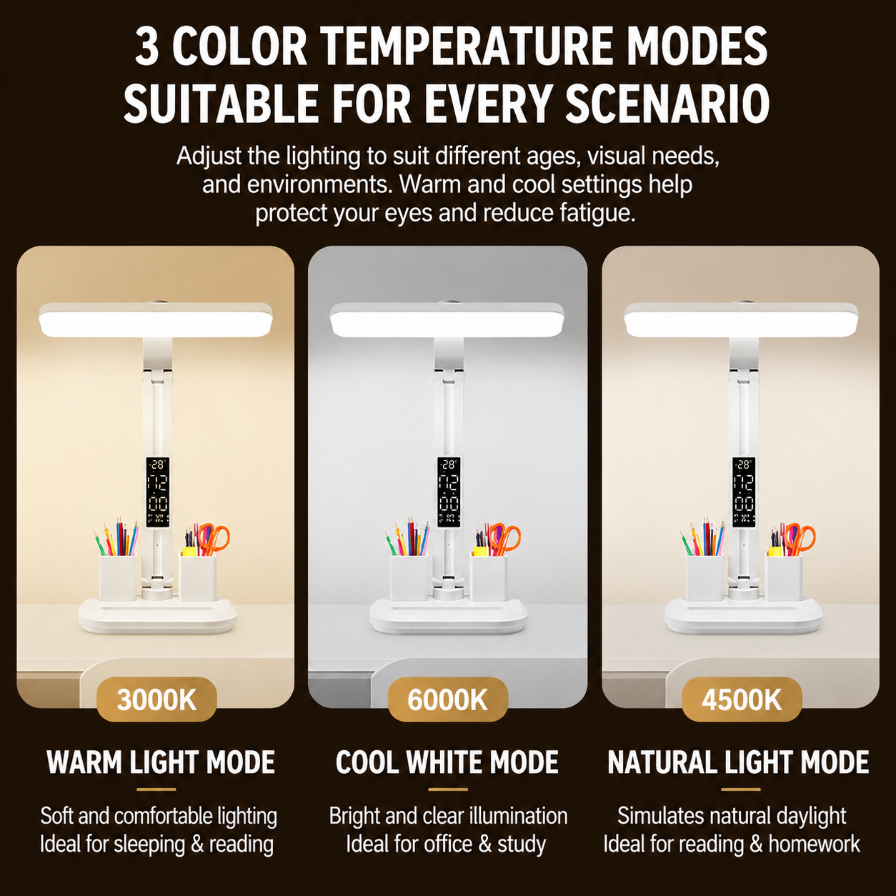 LED Desk Lamp with Digital Clock Temperature Display Pen Holder and Phone Stand Foldable Eye Caring Study Reading Light for Students Home Office