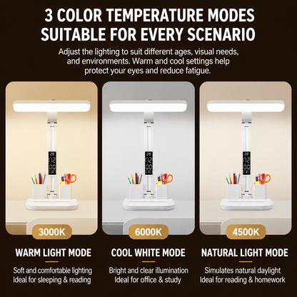 LED Desk Lamp with Digital Clock Temperature Display Pen Holder and Phone Stand Foldable Eye Caring Study Reading Light for Students Home Office