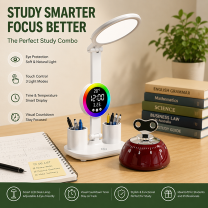 Study Smarter Bundle LED Reading Lamp with Smart Display Pen Holders & Red Magnetic Countdown Timer