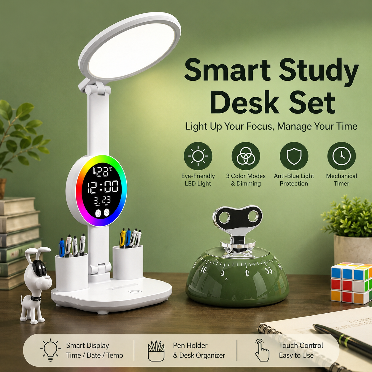 Study Smarter Bundle LED Reading Lamp with Smart Display Pen Holders & Green Magnetic Countdown Timer