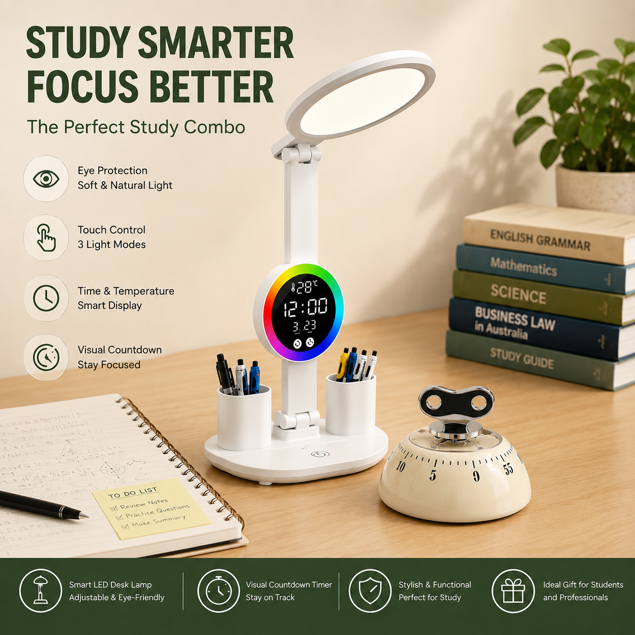 Study Smarter Bundle LED Reading Lamp with Smart Display Pen Holders & White Magnetic Countdown Timer