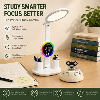 Study Smarter Bundle LED Reading Lamp with Smart Display Pen Holders & White Magnetic Countdown Timer