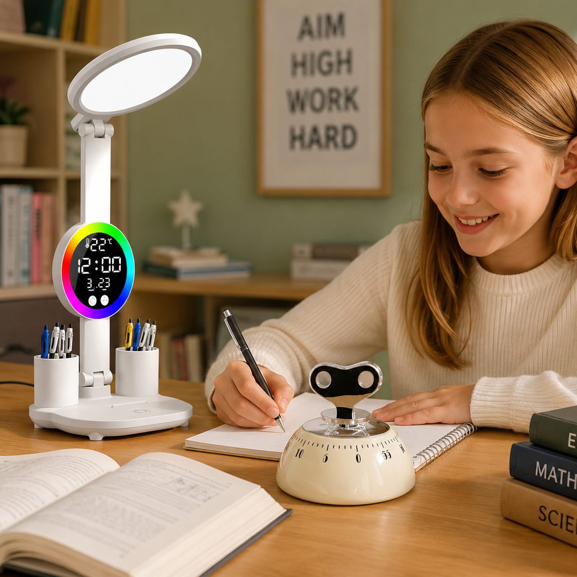 Study Smarter Bundle LED Reading Lamp with Smart Display Pen Holders & White Magnetic Countdown Timer